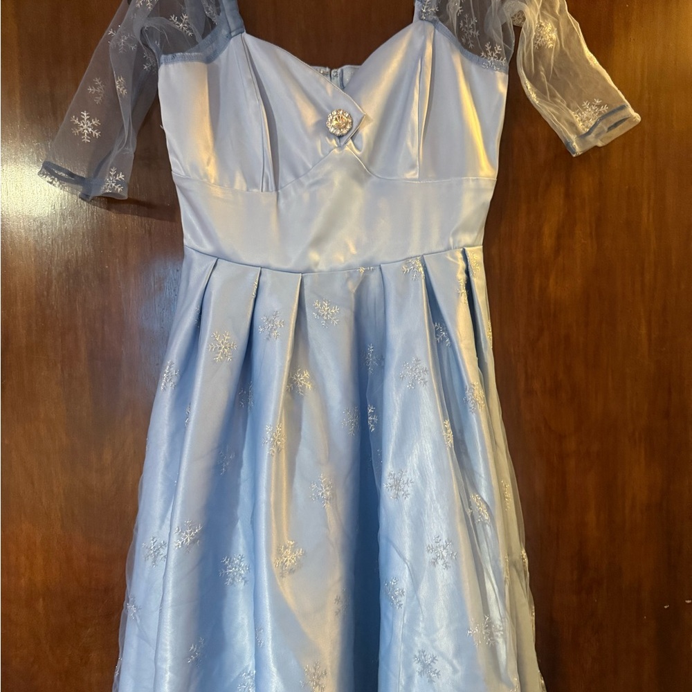 Women’s unique vintage Light Blue Satin Party Dress with Snowflake Embroidery